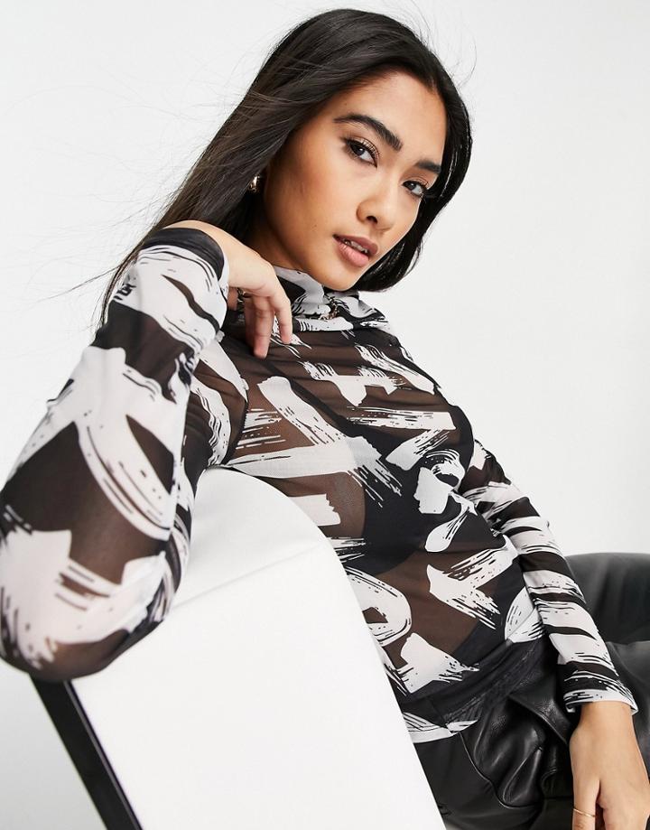 River Island Graffiti Mesh Top In Black