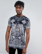 Asos T-shirt In Premium Velvet With Tonal Gray Geo-tribal Print - Gray