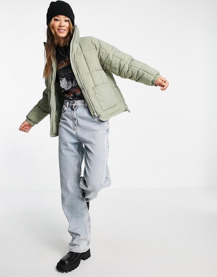Topshop Quilted Mid Length Puffer Jacket In Sage-green