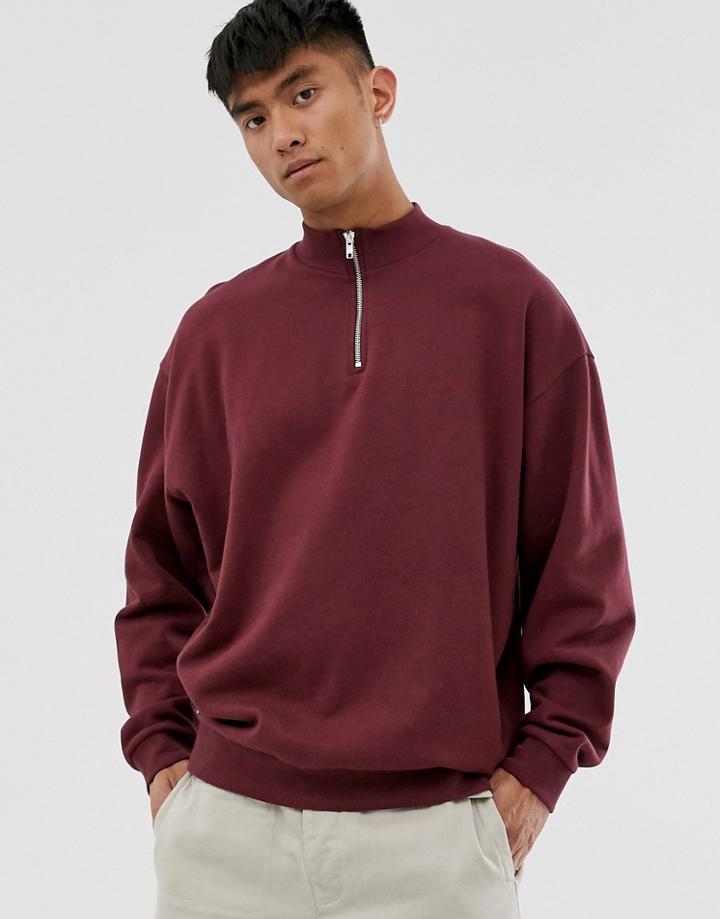 Asos Design Oversized Sweatshirt With Half Zip In Burgundy