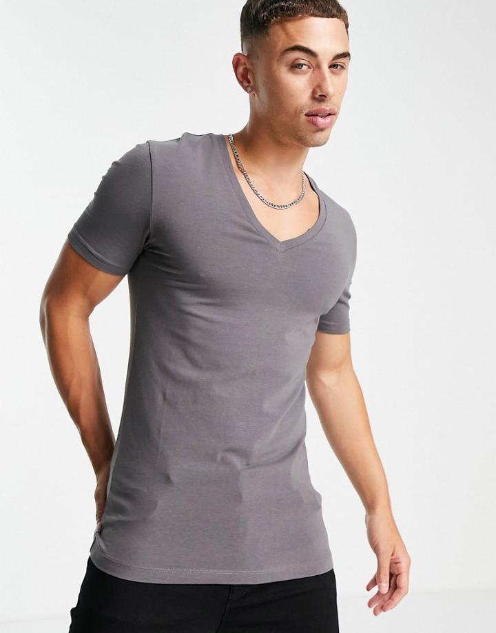 Asos Design Cotton Blend Muscle Fit T-shirt With V-neck In Gray - Black