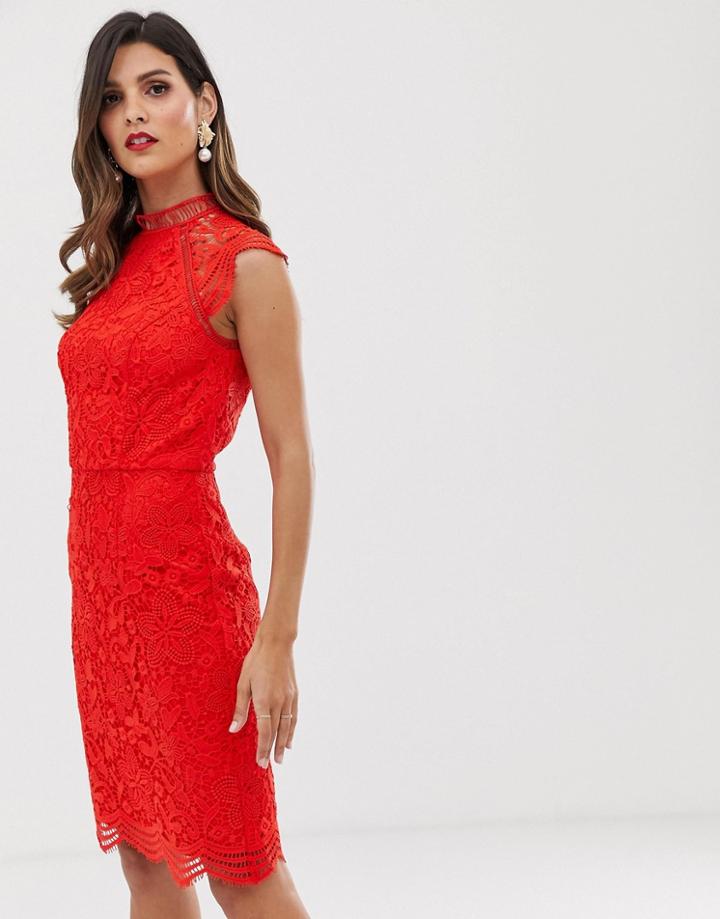 Chi Chi London Scallop Lace Pencil Dress In Red