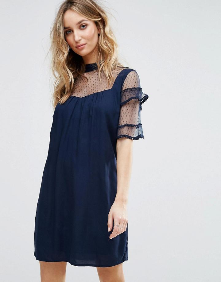Vila Dobby Mesh Ruffle Sleeve Smock Dress - Multi
