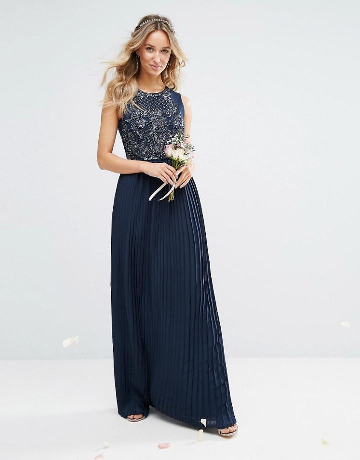 Maya High Neck Maxi Dress With Tonal Embellishment And Pleated Skirt - Navy