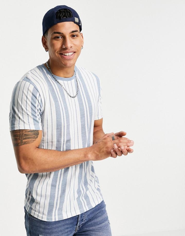 Brave Soul Crew Neck Vertical Stripe T-shirt In Dusty Blue-blues