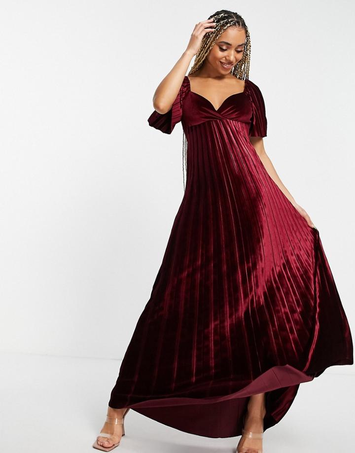 Asos Design Twist Back Pleated Empire Waist Velvet Maxi Dress In Oxblood-red