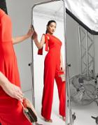 Vesper One Shoulder Fluted Wide Leg Jumpsuit In Red