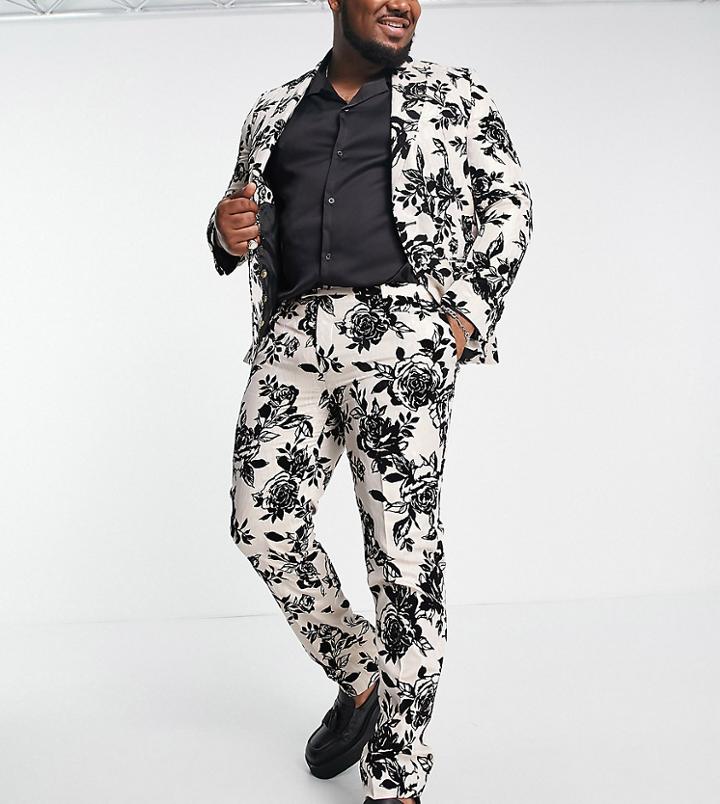 Twisted Tailor Plus Barros Slim Fit Suit Pants In White With Black Floral Flocking-multi