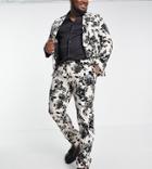 Twisted Tailor Plus Barros Slim Fit Suit Pants In White With Black Floral Flocking-multi