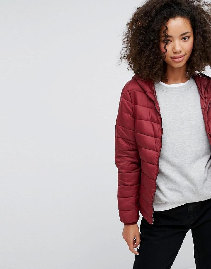 Pull & Bear Padded Jacket With Hood - Red