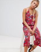 Qed London Floral Print Halterneck Jumpsuit - Red