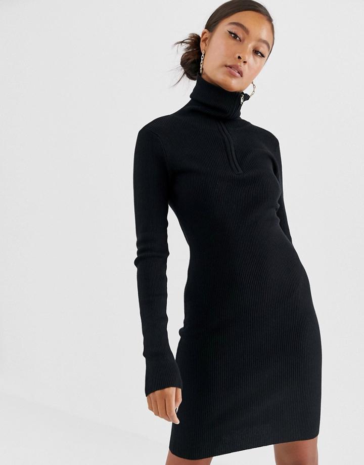 Jdy Zip Neck Ribbed Mini Sweater Dress In Black