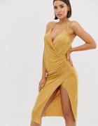 Asos Design Textured Cami Wrap Plunge Midi Dress With Split - Multi