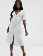 In The Style X Laura Jade Green Striped Tie Cuff Sleeve Midi Dress - Blue