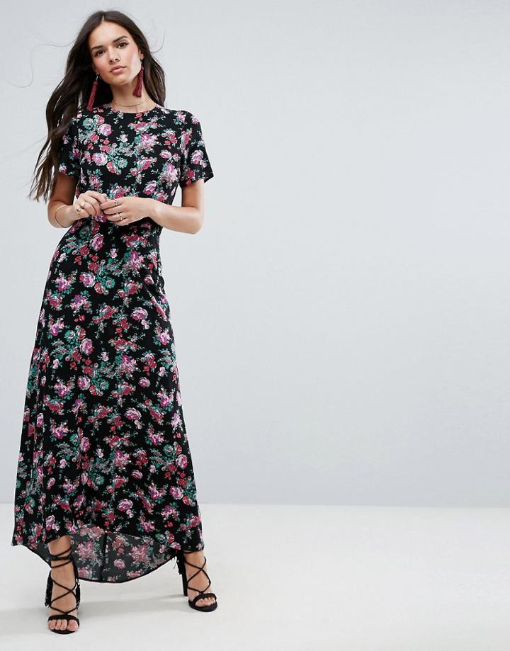 Asos Maxi Dress With Open Back In Dark Floral Print - Multi