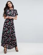 Asos Maxi Dress With Open Back In Dark Floral Print - Multi