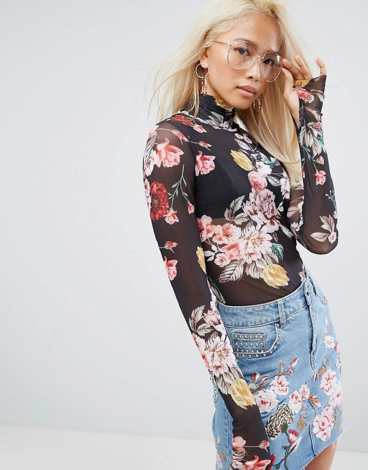 Arrive Sheer Mesh High Neck Floral Top - Multi