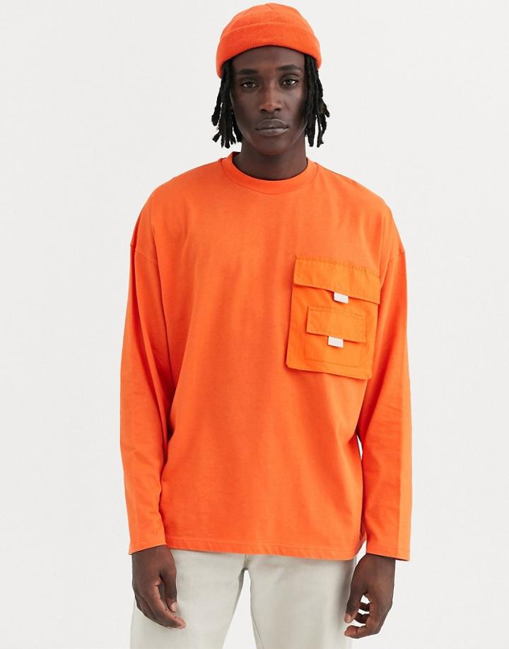 Asos Design Oversized Long Sleeve T-shirt With Woven Utility Pocket In Orange