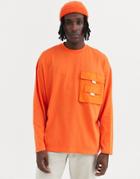 Asos Design Oversized Long Sleeve T-shirt With Woven Utility Pocket In Orange