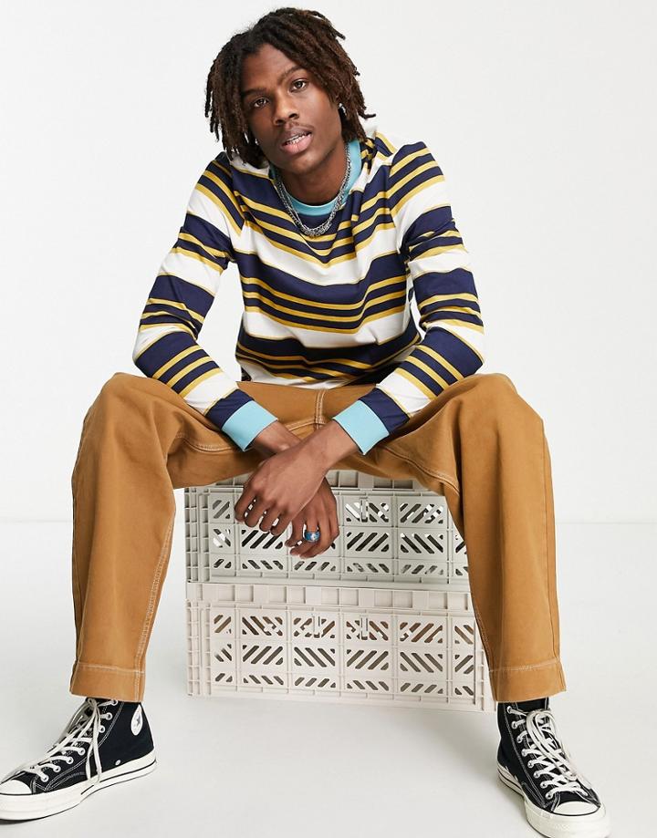 Asos Design Long Sleeve Stripe T-shirt In Navy With Contrast Ringer-white