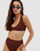 Asos Design Mix And Match Crinkle V Front Crop Bikini Top In Shiny Brown - Brown