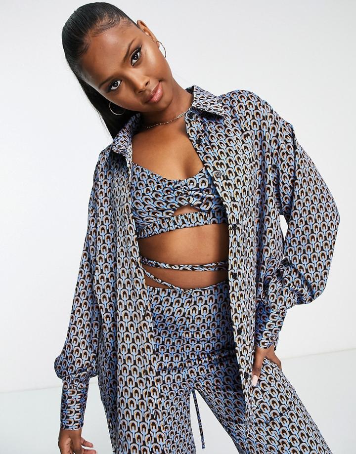 Missguided Set Relaxed Shirt In Navy Geometric Print