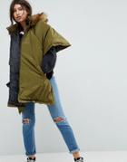 Asos Quilted Parka Cape With Hood - Green