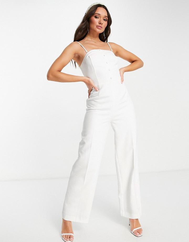 Vila Bridal Tailored Jumpsuit With Covered Buttons In Cream-white