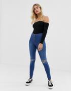Parisian High Waisted Jeggings With Ripped Knee - Blue