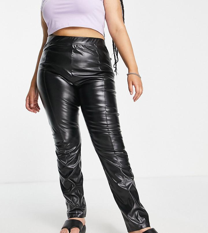 Extro & Vert Plus Pu Faux Leather Leggings With Seam Detail In Black