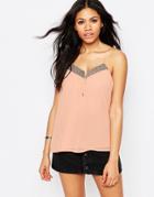 Daisy Street Cami Top With Botton Front And Metallic Trim - Pink