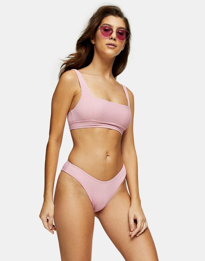 Topshop High Leg Ribbed Bikini Bottoms In Pink