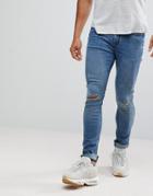 Hoxton Denim Super Skinny Jeans In Mid Blue With Unrolled Hem - Blue