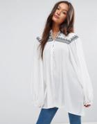 Qed London Tie Detail And Embroidered Top - White