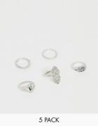 Asos Design Pack Of 5 Rings In Engraved Design With Faux Abalone Stone In Silver Tone - Silver