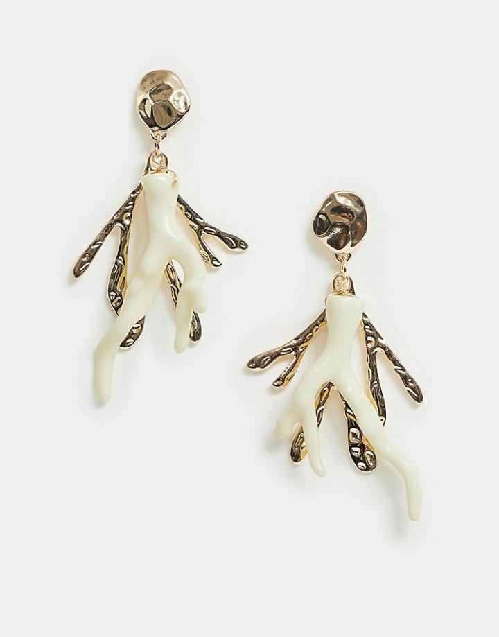 Asos Design Earrings In Coral Design With Resin And Hammered Metal In Gold - Gold