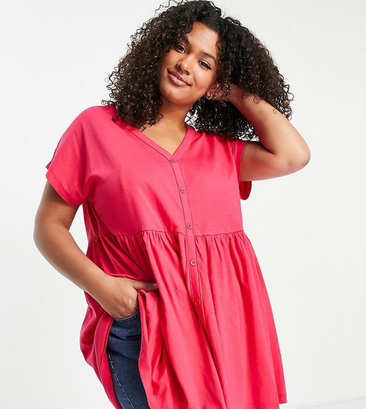 Yours Button Through Smock Top In Bright Pink