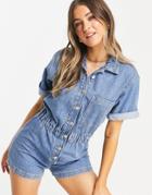 Pull & Bear Denim Romper With Elasticized Waist In Blue-blues