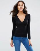 Asos Plunge Neck Top With Long Sleeves - Black