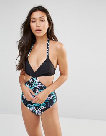 Ninety Nine Degrees Floral Cut Away Swimsuit - Black