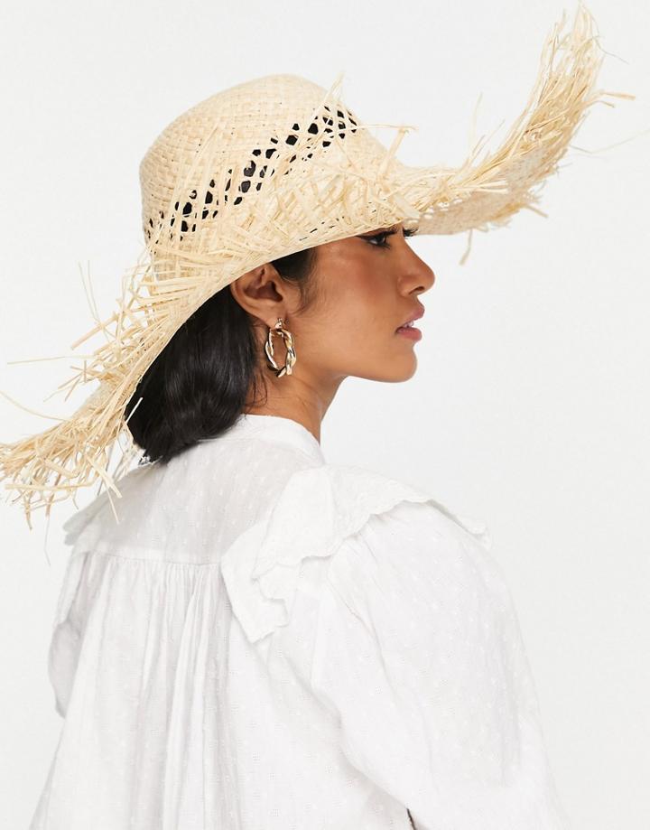 My Accessories London Adjustable Oversized Straw Sun Hat With Frayed Edge-neutral