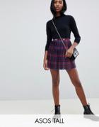 Asos Design Tall Pleated Mini Skirt In Check With Gold Buttons - Multi