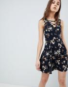 Qed London Floral Skater Dress With Lace Up Detail - Navy