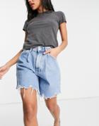 Bershka Denim Raw Hem Longline Shorts In Dark Blue-blues