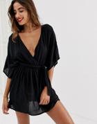 Asos Design Plunge Tie Waist Kimono Sleeve Crinkle Beach Cover Up In Black