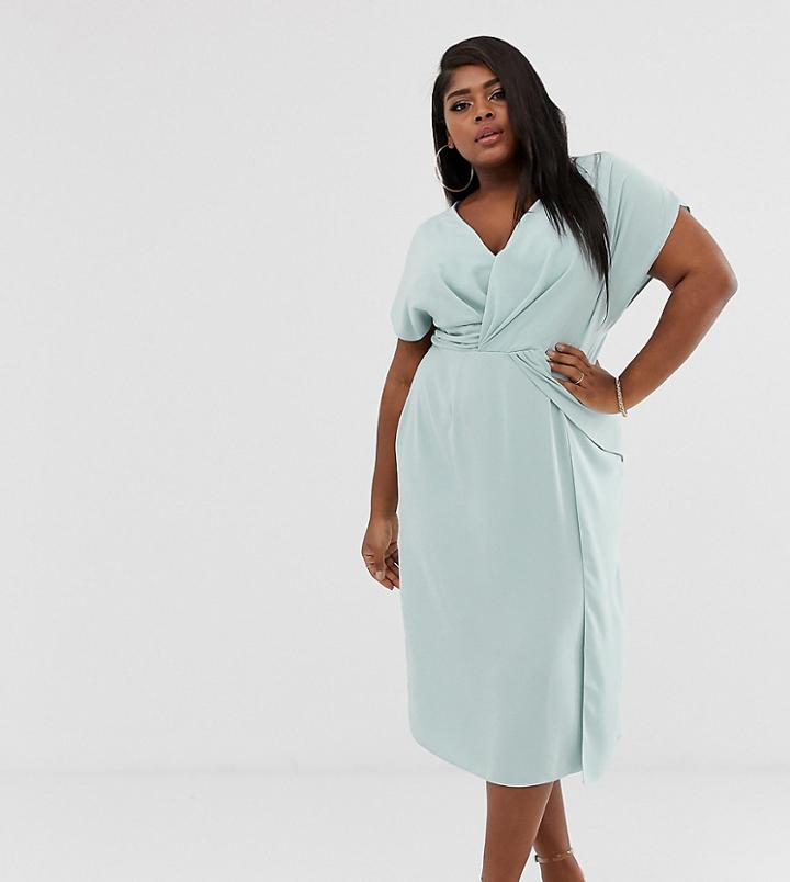 Asos Design Curve Twist And Drape Front Midi Dress-blue