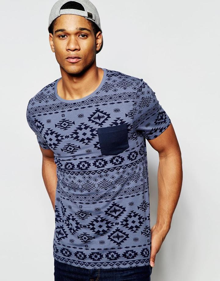 Asos Muscle T-shirt With All Over Geo-tribal Print And Contrast Pocket - Blue