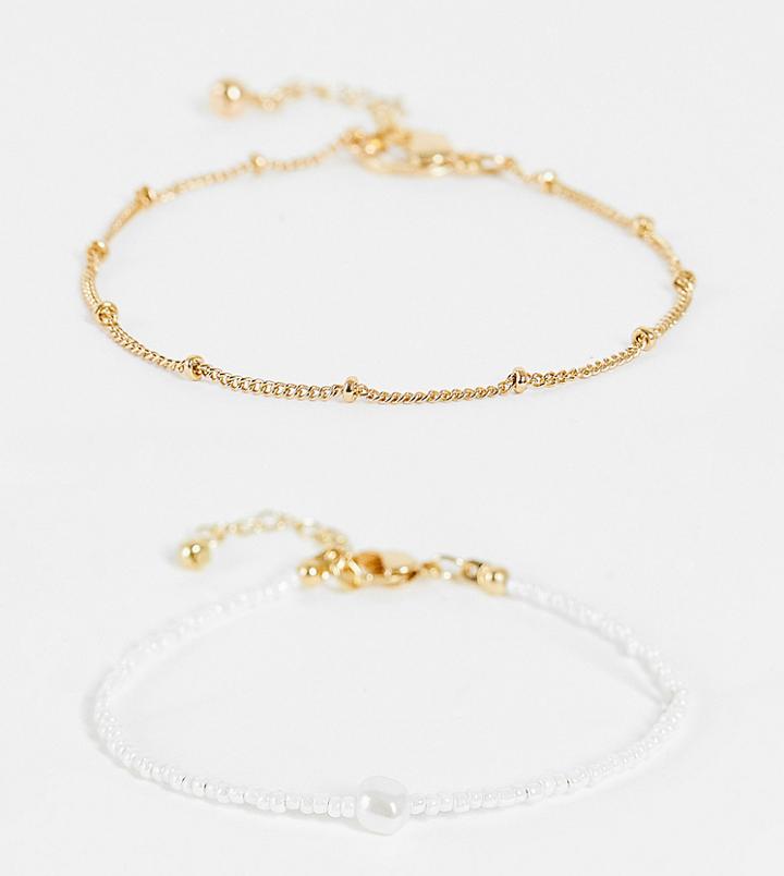 Asos Design Curve Pack Of 2 Bracelet With Micro Faux Pearl And Dot Dash Chain In Gold Tone