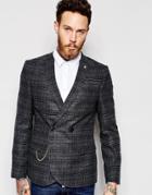 Noose & Monkey Check Double Breasted Blazer With Stretch And Gold Chain In Skinny Fit - Gray