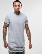 Asos Super Longline T-shirt With Stripe Curved Hem And Roll Sleeve - Gray Marl